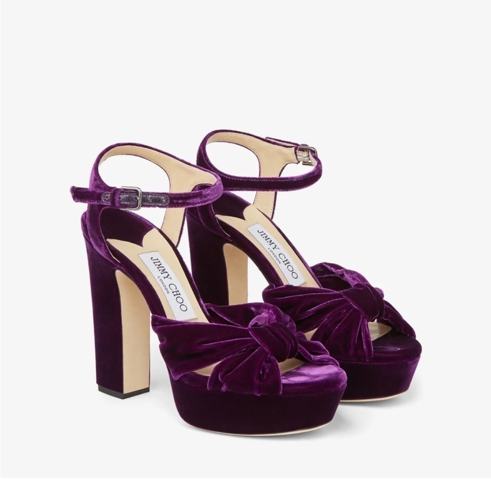 New Jimmy Choo Heloise Cassis Velvet Platform Heels - Picture 6 of 14